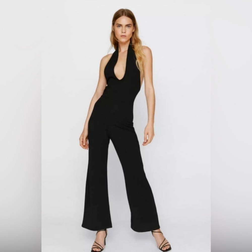 Nasty Gal Elegant Black Halter Plunge Neck Jumpsuit